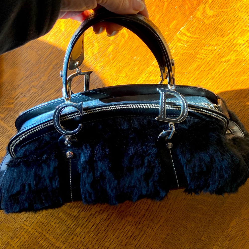Christian Dior Black Rare Fur and Leather Bag